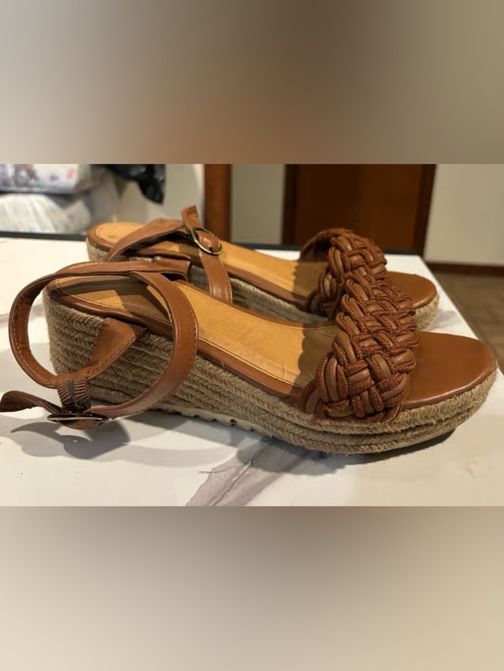 Time and Tru Braided Espadrille Wedge Sandals in Brown